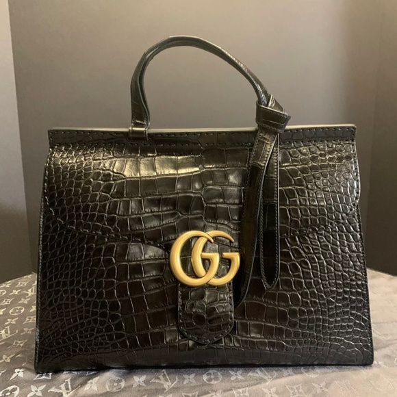 GUCCI BLACK CROCODILE LEATHER TOP HANDLE GG MARMONT MEDIUM BAG - Picture 1 of 16